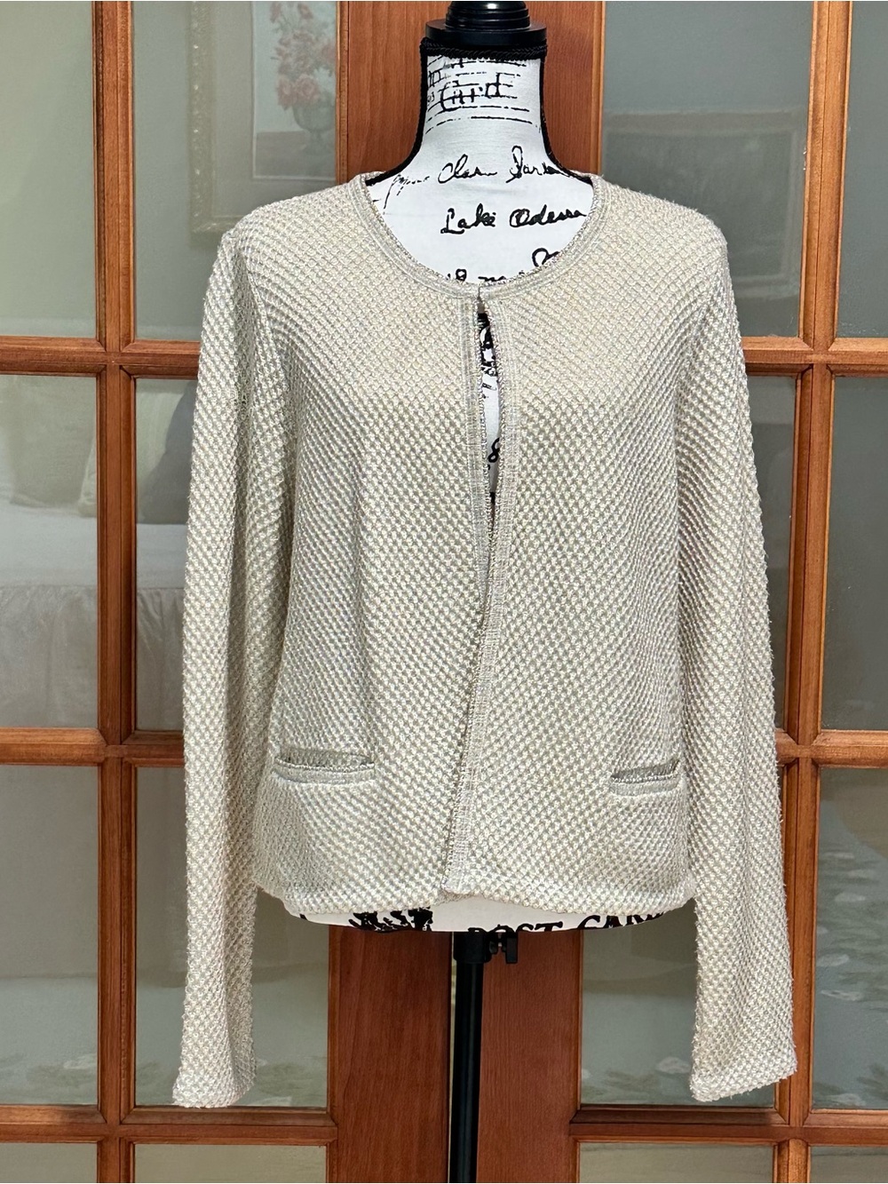 Charter Club Cream Textured Open-Front Knit Jacket w/gold accents (Sz XL)